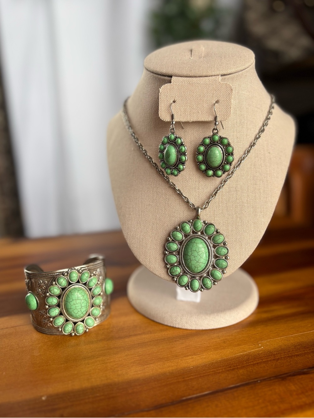 Shop LC Green Howlite Turquoise Jewelry Set Necklace Earrings Cuff Bracelet